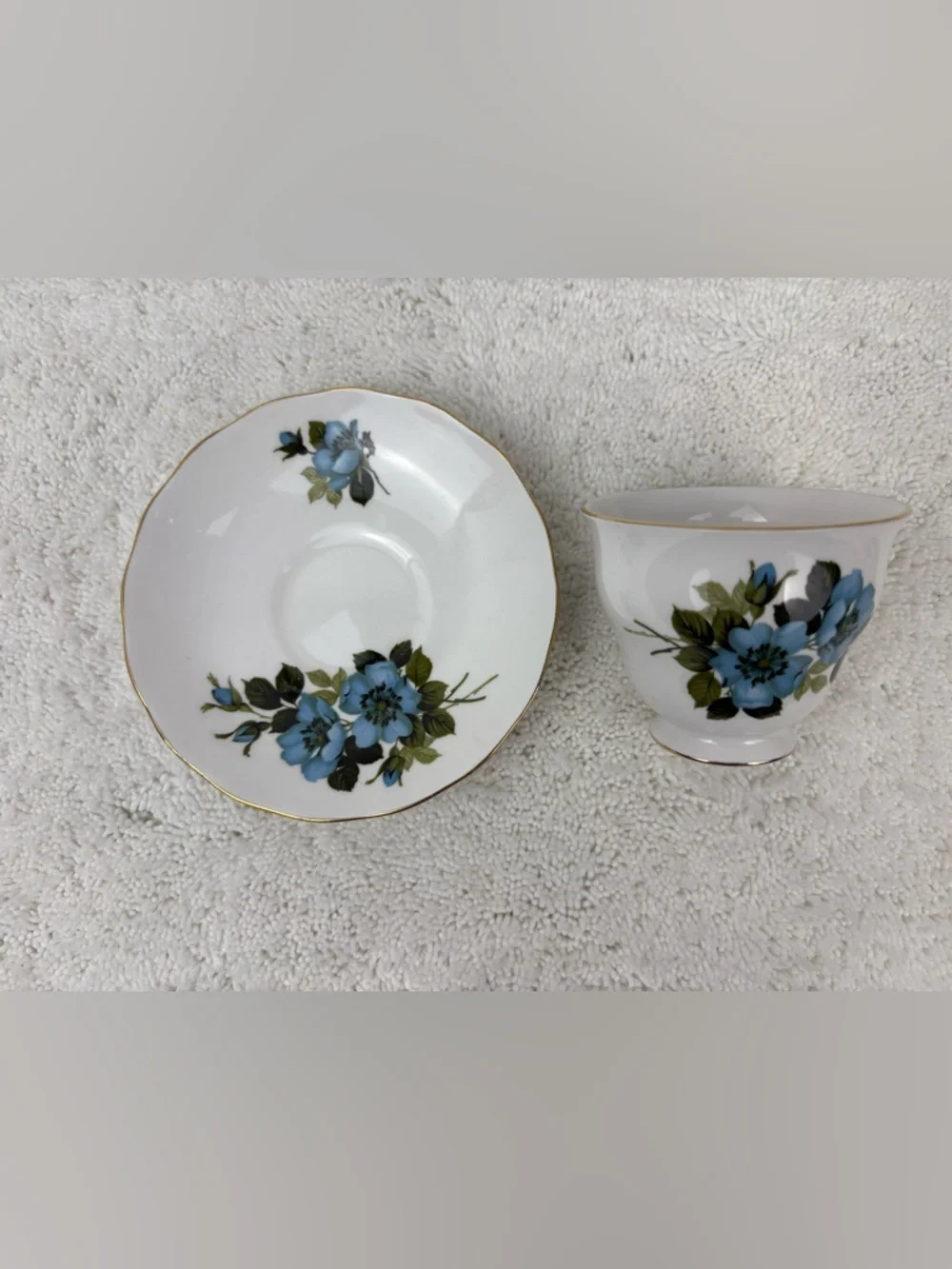 Vintage Royal Vale Blue Floral Bone China Tea Cup and Saucer Set Made in England